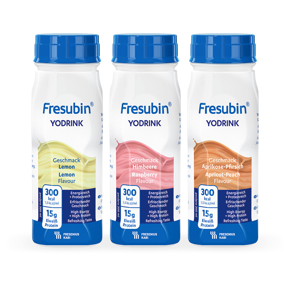 Gruppenbild 3 Einzelflaschen Fresubin YoDrink,  je eine pro Geschmacksrichtung Lemon, Himbeere und Aprikose-Pfirsich