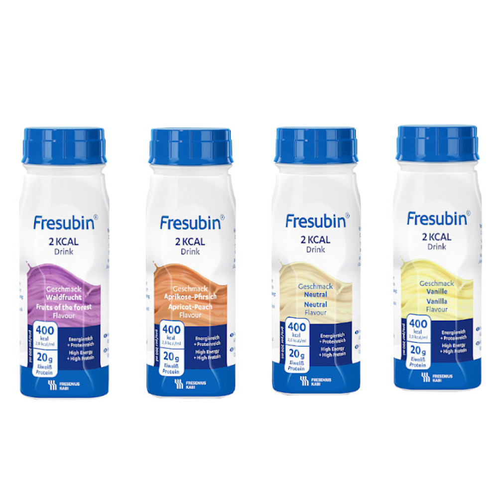 Gruppenbild 5 Einzelflaschen Fresubin 2 kcal Drinks ohne Ballaststoffe