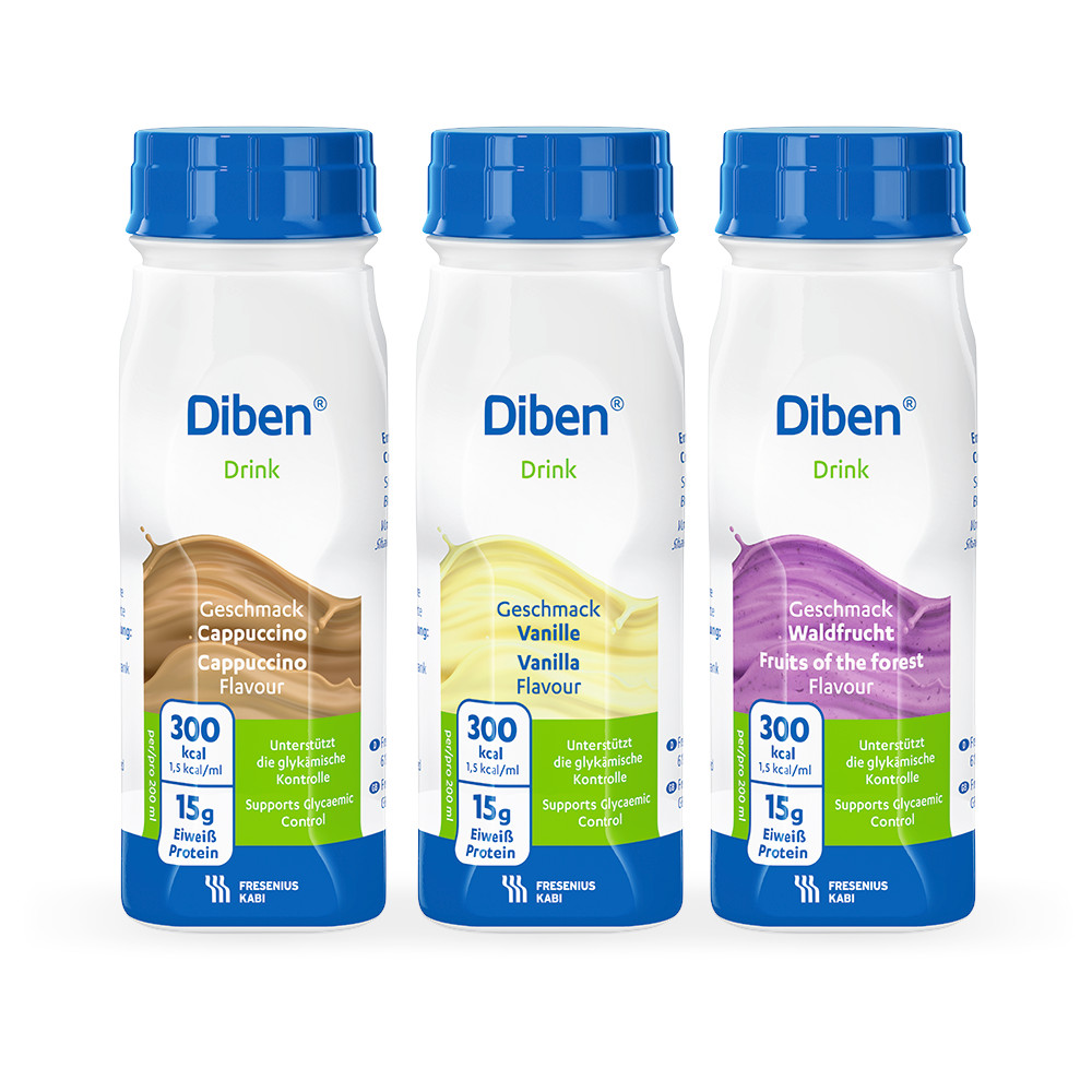3 Einzelflaschen Diben Drink, je eine pro Geschmacksrichtung Cappuccino, Vanille, Waldfrucht