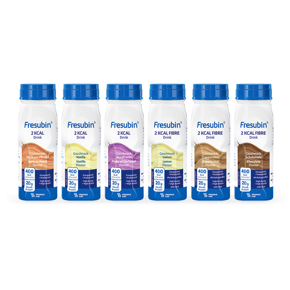 Abbildung 6 Einzelflaschen Fresubin 2 kcal Drink , je 1 pro Geschmacksrichtung, 3 von mit Ballaststoffendavon mit