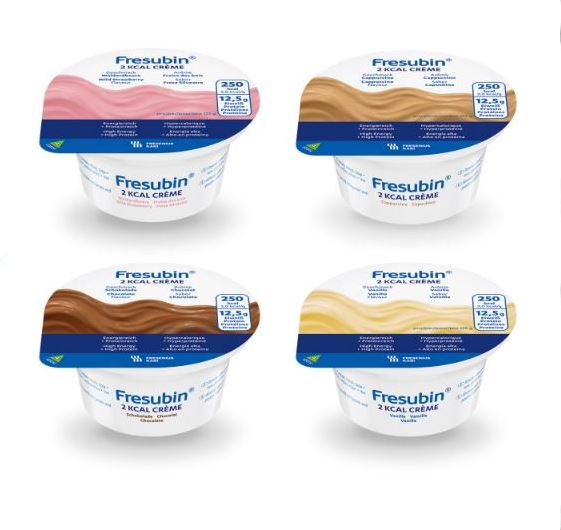 4 Einzelbecher Fresubin 2kcal Creme, einer je Geschmacksrichtung Schokolade, Cappuccinio, Vanille und Walderdbeere